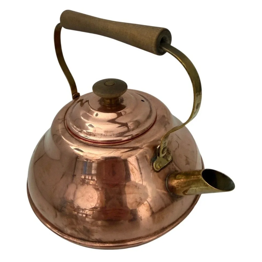 Vintage Hammered Spartan Copper Tea Kettle Stovetop Pot Brass Handle Wood Grip